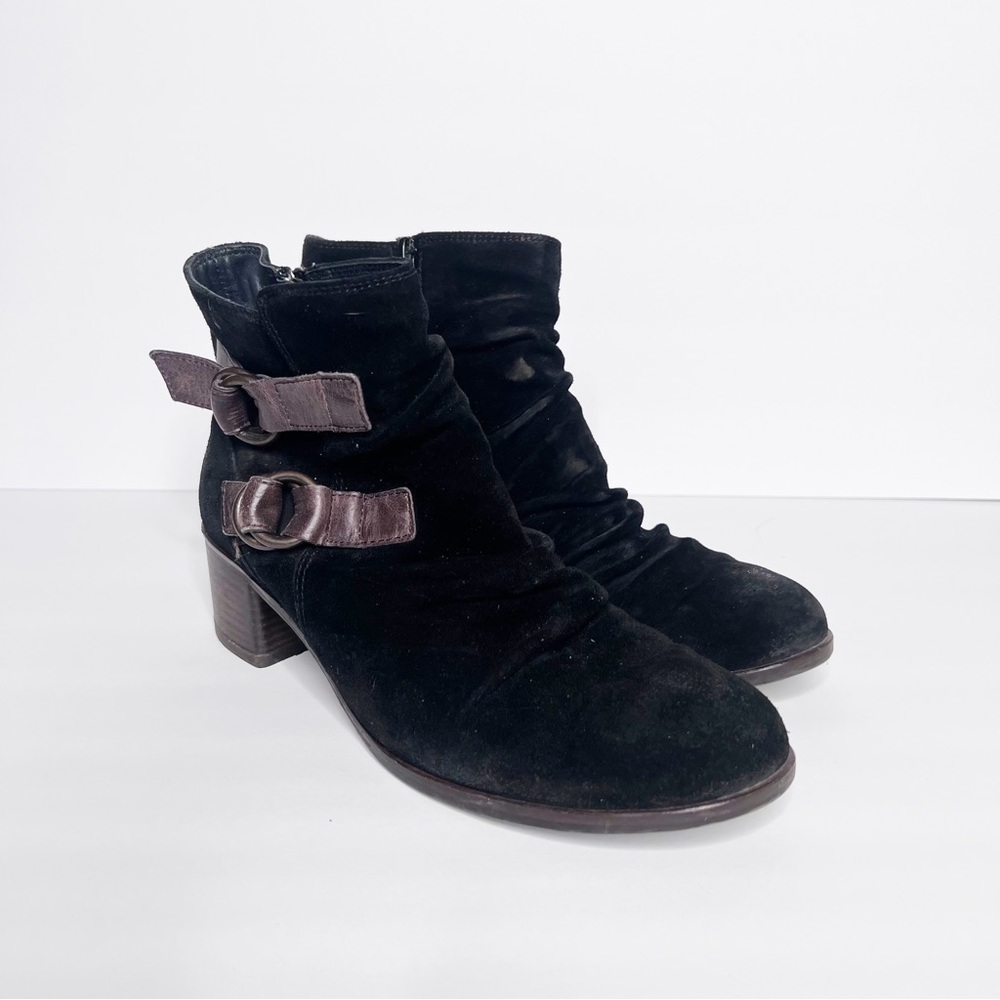 Paul Green Black Suede Brown Leather Buckles Size 7.5 Women’s Heeled Ankle Boots